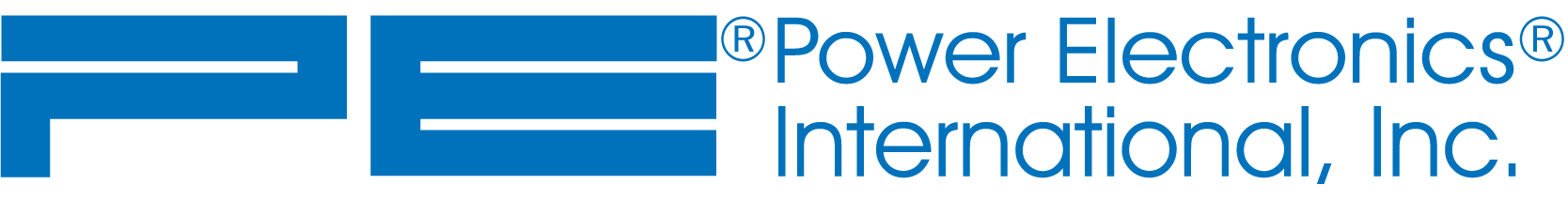 PE Power Electronics International, Inc. logo in blue